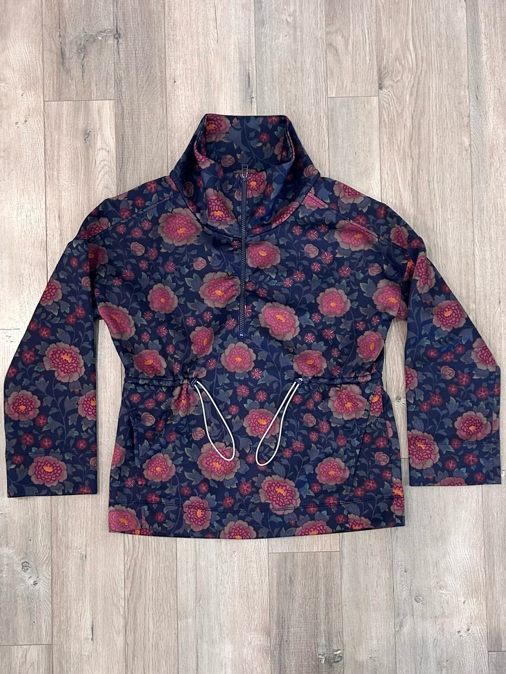 Anthropologie Navy Floral Half-Zip Pullover with Pink and Red Blooms